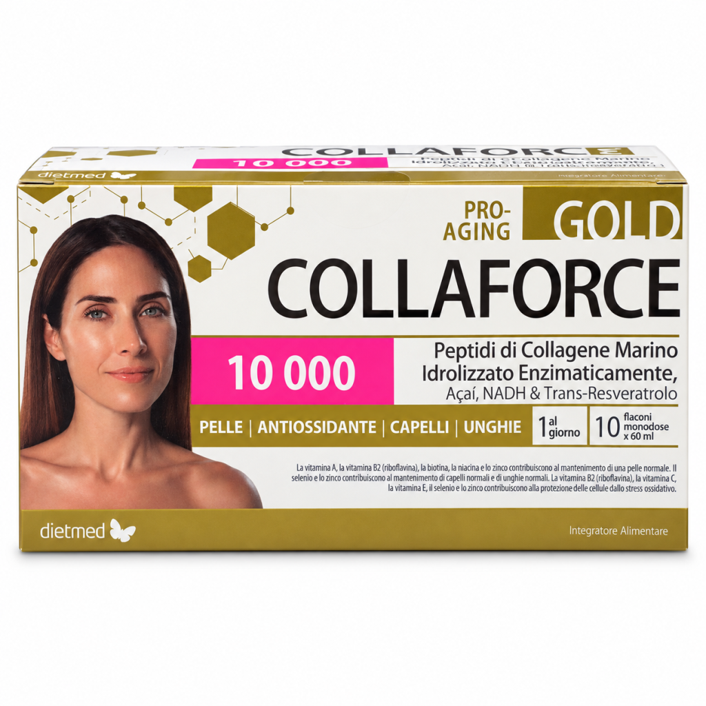 Confezione Dietmed Collaforce Gold 10.000, 10 flaconi monodose da 60 ml, su sfondo bianco