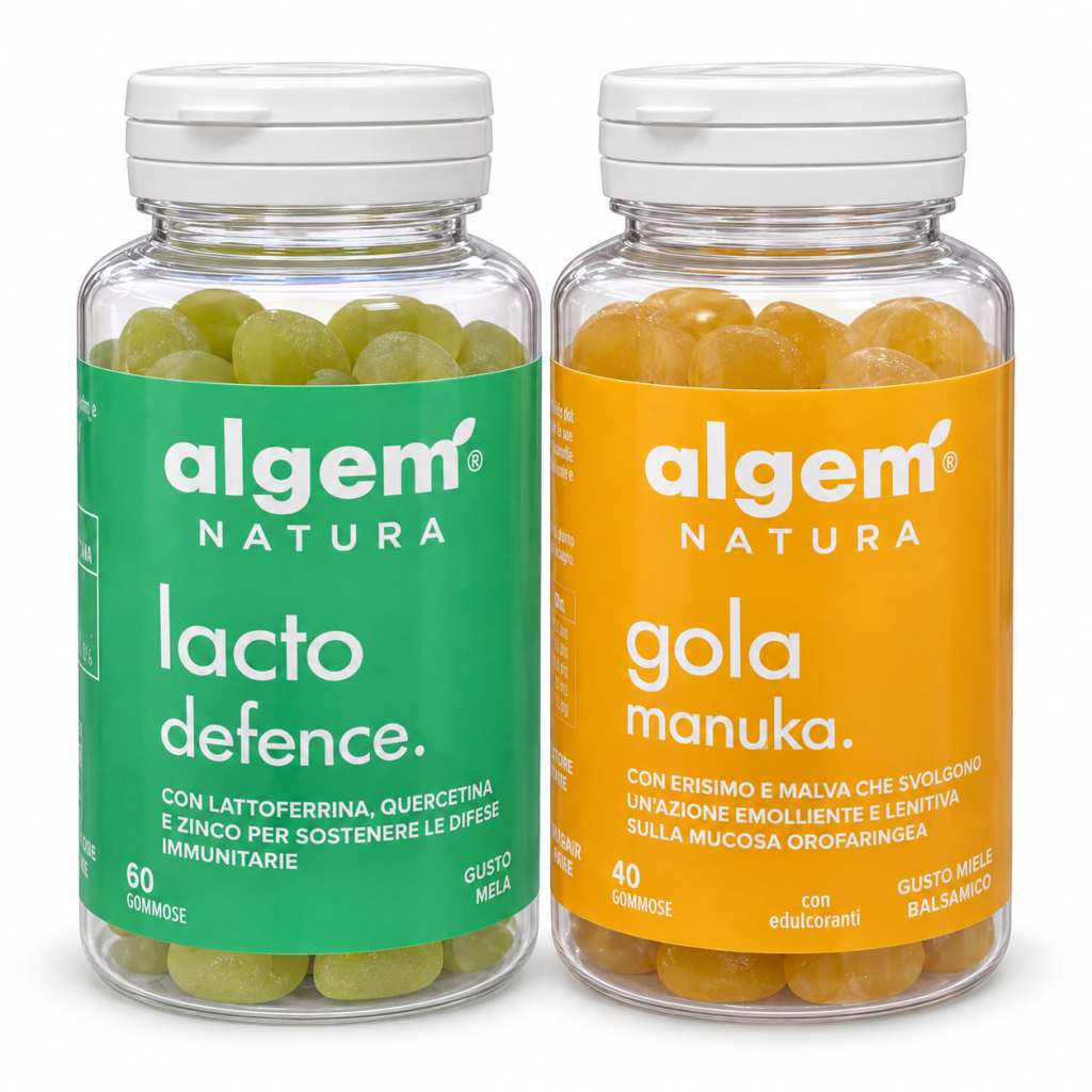 Kit Algem Natura con Lacto Defence 60 gommose e Gola Manuka 40 gommose su fondo bianco