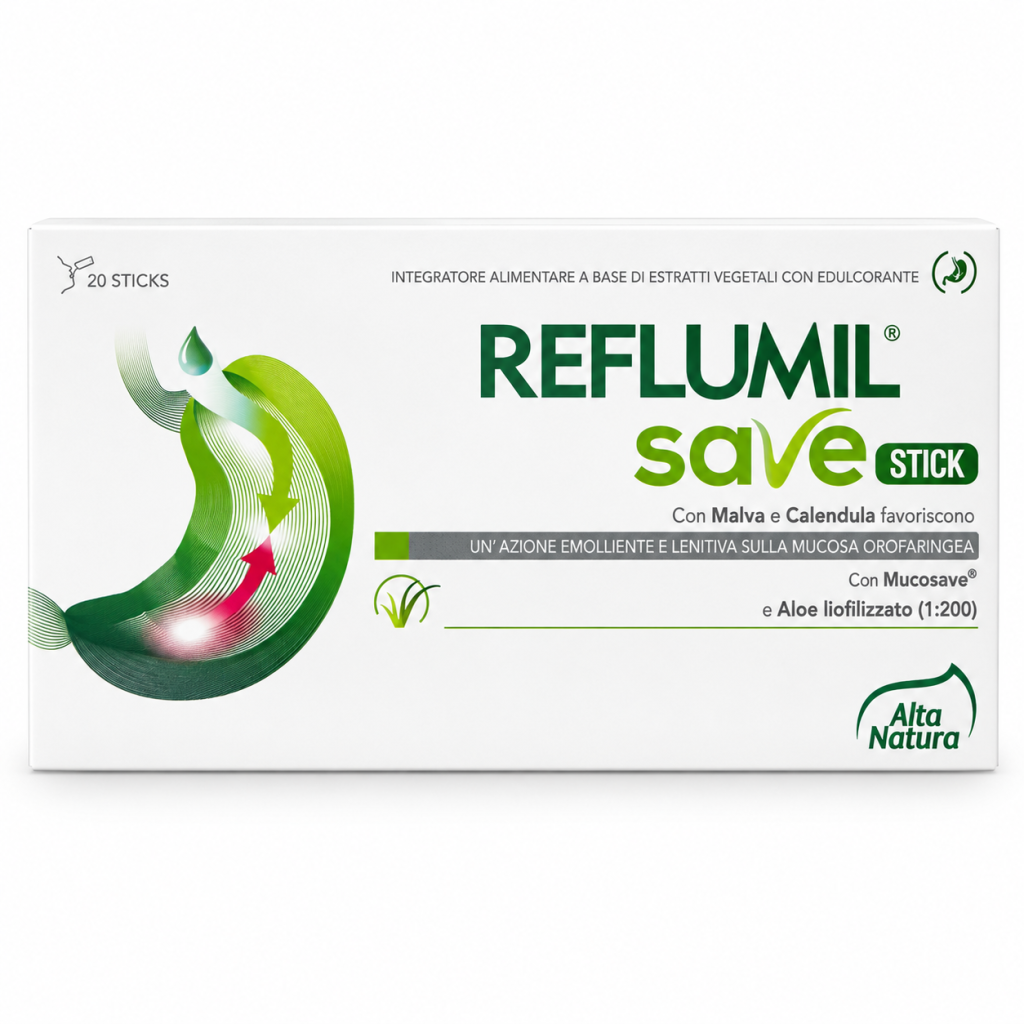 Reflumil Save Stick Alta Natura, confezione da 20 stick su fondo bianco