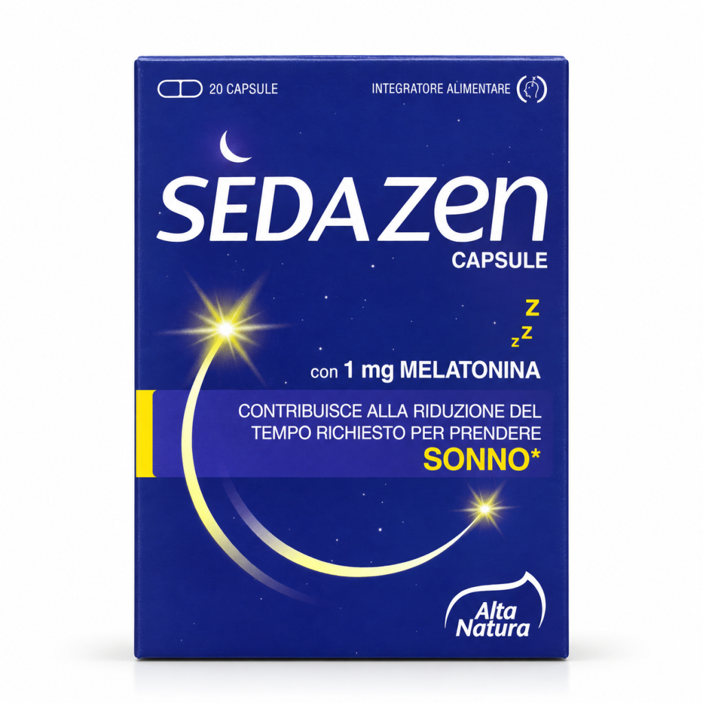 Sedazen Alta Natura, confezione da 20 capsule con 1 mg di melatonina su fondo bianco