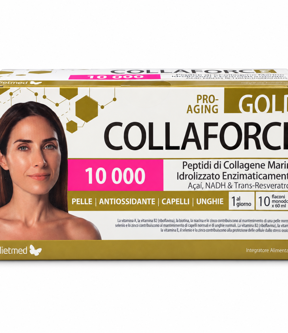 Confezione Dietmed Collaforce Gold 10.000, 10 flaconi monodose da 60 ml, su sfondo bianco
