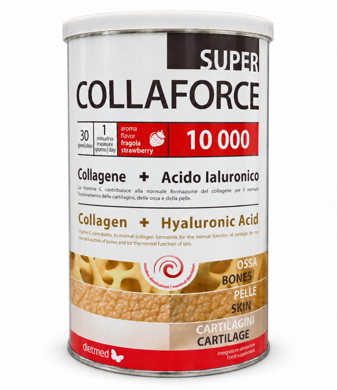 Barattolo Dietmed Collaforce Super 10.000 gusto fragola, 450 g, su sfondo bianco