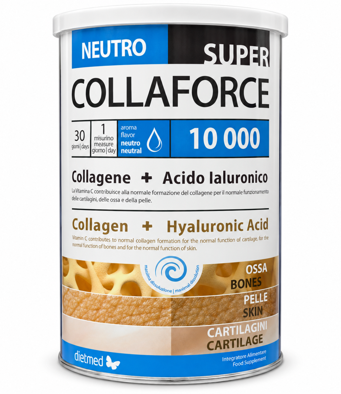 Barattolo Dietmed Collaforce Super 10.000 gusto neutro, 360 g, su sfondo bianco