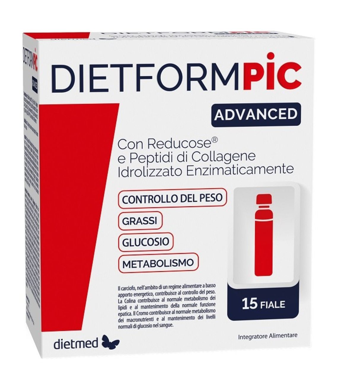 Confezione Dietmed Dietformpic Advanced, 15 fiale da 25 ml, su sfondo bianco
