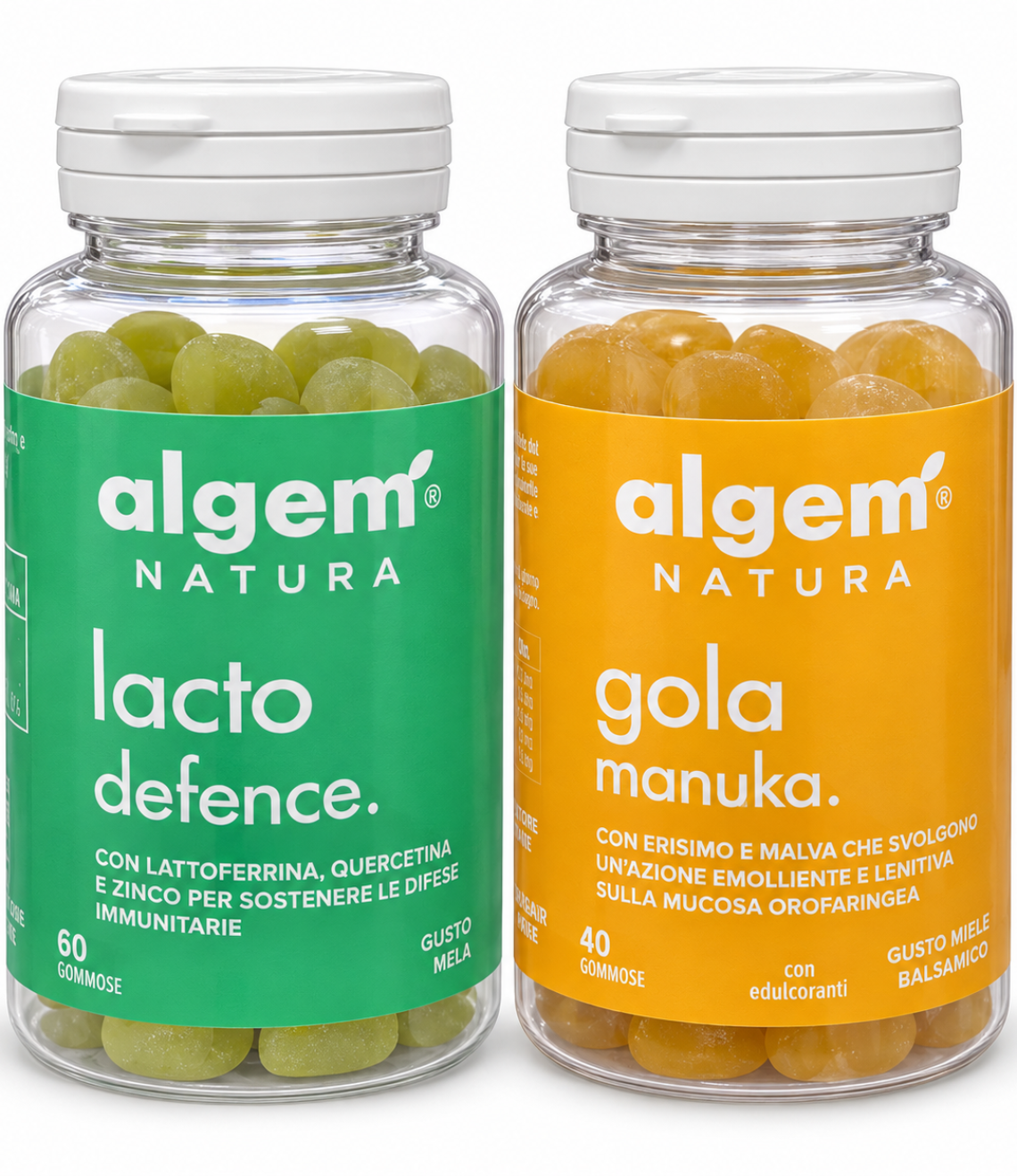 Kit Algem Natura con Lacto Defence 60 gommose e Gola Manuka 40 gommose su fondo bianco