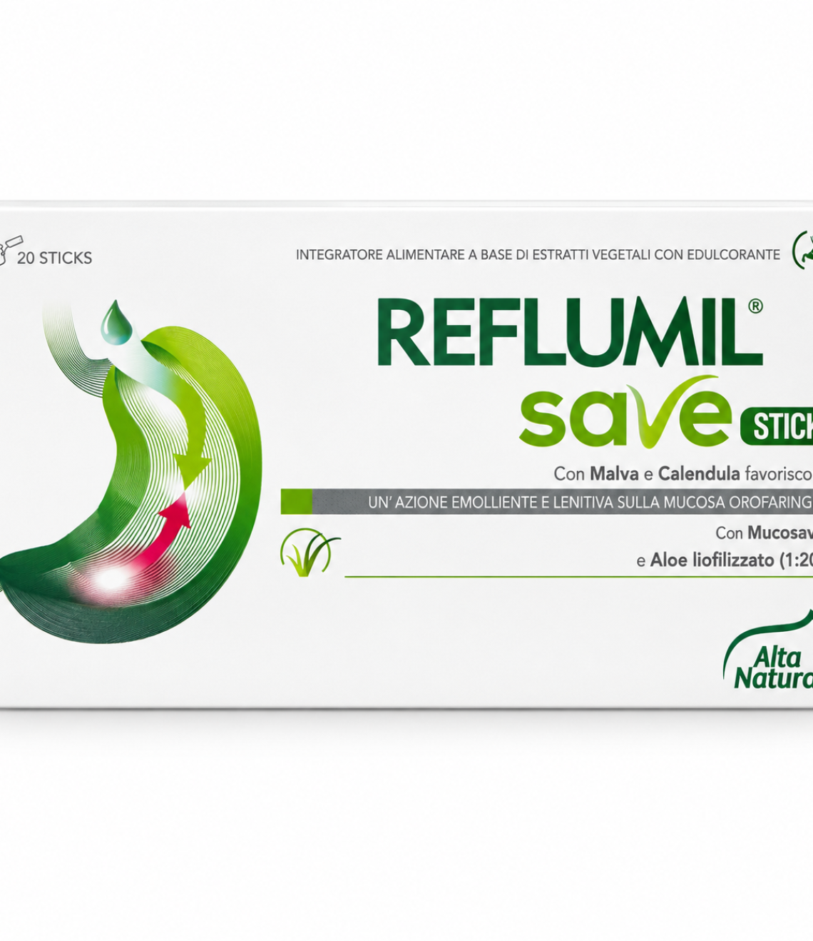 Reflumil Save Stick Alta Natura, confezione da 20 stick su fondo bianco