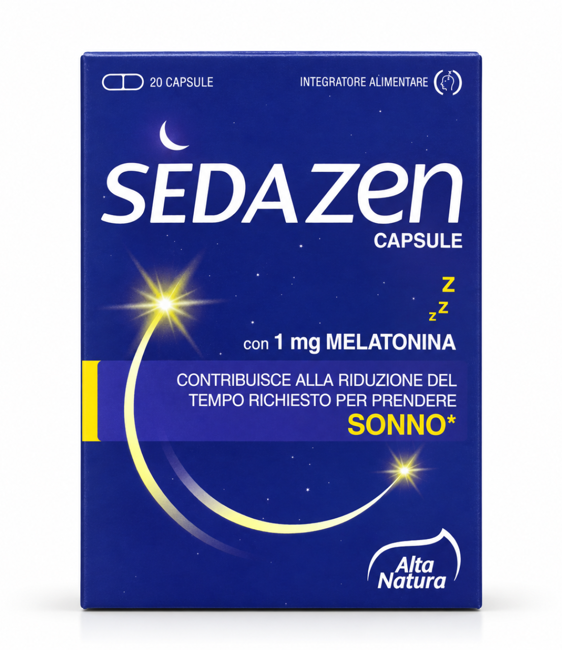 Sedazen Alta Natura, confezione da 20 capsule con 1 mg di melatonina su fondo bianco